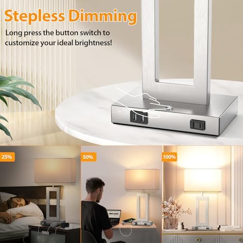 22’’ Touch Control Table Lamps Set of 2, 3 Color Temperatures Bedroom Bedside Lamps, Modern Silver Dimmable Lamps with USB Ports & AC Outlet, Tall Living Room Lamps for Nightstand End Table, 2 Bulbs