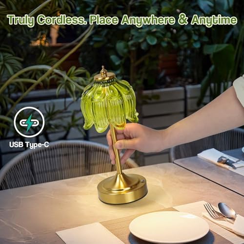 Cordless Table Lamp, Rechargeable Green Glass Lotus Flower Lamp