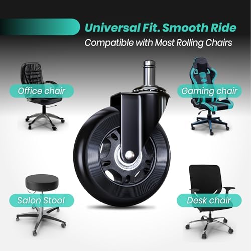 Office Chair Wheels Replacement - 3″ Heavy Duty Caster Wheels for Gaming & Work, Smooth Rolling, Safe for Hard Floors and Low Carpets, Universal Fit (Set of 5, Black)