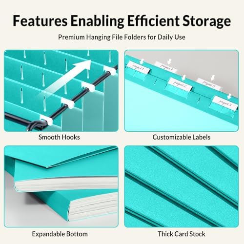 SUNEE Hanging File Folders Teal, 25 Pack Letter Size File Folders with 1/5-cut Tabs, Stay Organized for Your Home and Office Bulk File and Documents