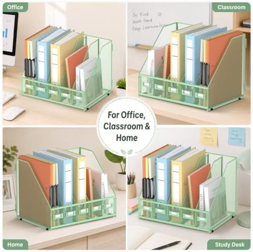 SUPEASY Desk Organizers Metal Desk Magazine File Holder with 5 Vertical Compartments Rack File Organizer for Office Desktop, Classroom, Home Workspace, Green, Plus