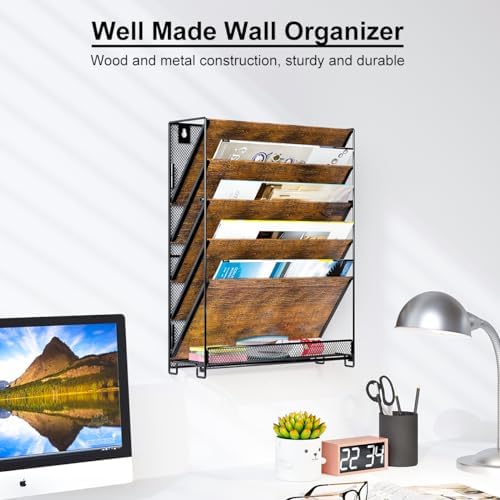 PAG-Mass Wall File Organizer for Office, 6-Tier Rustic Hanging File Holder Wall Storage Rack for Documents/Magazine/Literature/File Folders/Mails/Envelopes, Brown