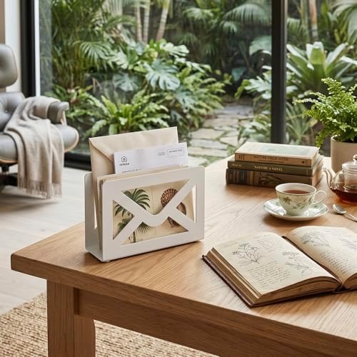 MyGift White Metal Desktop Mail Holder, Letter Organizer with Envelope