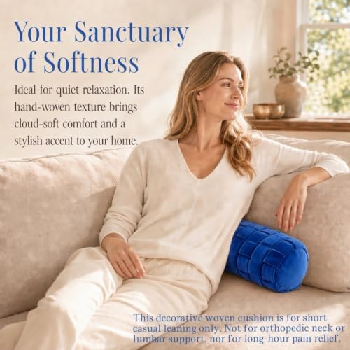 Soft Cylinder Lumbar Pillow, 15.7 x 5.9 Inch Hand-Woven Velvet Neck Roll Pillow, Polyester Fiber Filled for Neck Back Leg Relaxation, Decorative Throw for Couch Sofa Bed Office(Blue)
