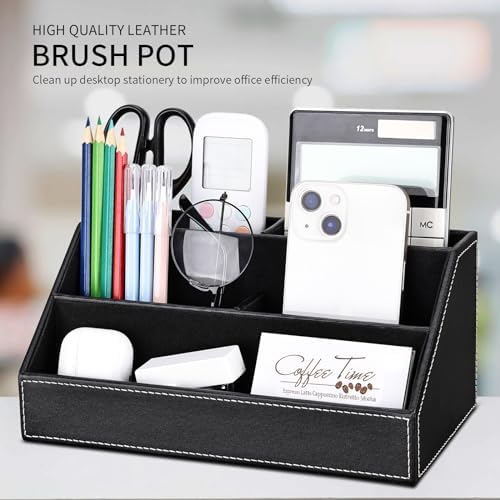 KINGFOM 5PCS Desk Organizer and Accessories Set, Pu Leather Office Supplies with Multifunction Desktop Organizer Storage Box, Tissue Holder, Mouse Pad, Note Paper Holder, Pencil Holder for Desk Black