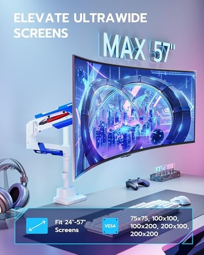 ARES WING Ultrawide Monitor Arm with USB for 24 to 57 Inch Screen, White