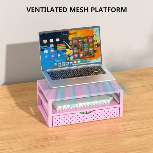 WALI Desk Organizer with Drawer，Computer Monitor Stand with Storage, Desk Organizers and Accessories for Computer, Printer, Laptop Riser for Home Office Supplies, (PTT005-P), 1 Pack, Pink