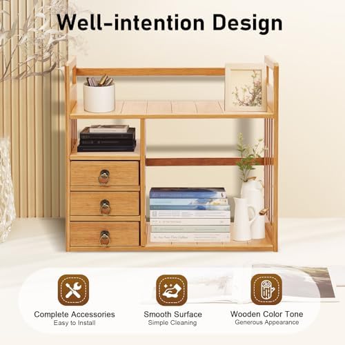 Bamboo Desktop Bookshelf, Desktop Bookshelf Organizer with 3 Drawers Desk Shelf Desktop Hutch Desk Bookshelf Desk Organizer Shelf Cute Small Desk Display Cubby Top for Home Office Bedroom