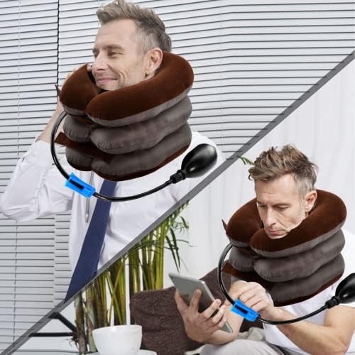 Cervical Neck Traction Device for Instant Neck Pain Relief Inflatable Adjustable Neck Stretcher Neck Support Brace Neck Traction Pillow for Home Use Neck Decompression(Brown)