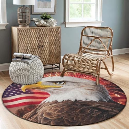 Home Decor Non Slip Kitchen Office Circle Rug, Machine Washable Modern Round Area Rug, Room Sofa Yoga Soft Round Carpet Bald Eagle American Flag Fireworks Art, 60inch
