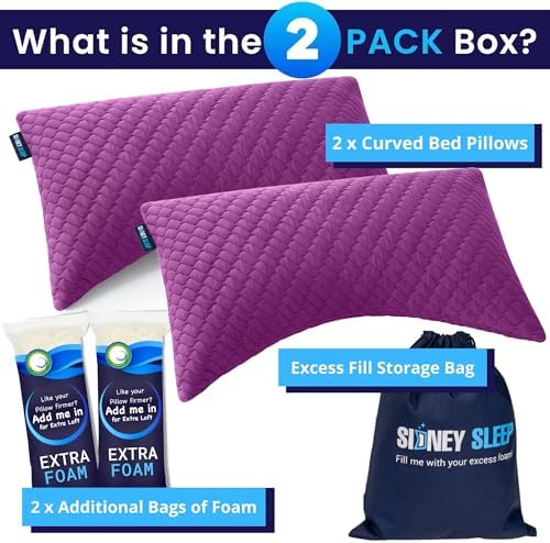 Sidney Sleep Set of 2 Queen Size Adjustable Bed Pillows for Side and Back Sleepers - Memory Foam Pillows for Neck and Shoulder Support - Customizable Loft - Extra Foam Included (Magenta)