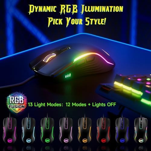 memzuoix Wired Gaming Mouse with RGB - 6 Adjustable DPI up to 12800, 6 Buttons, 12 Lighting Modes, Ergonomic Design with Anti-Slip Rubber Wheel, 5.6ft Braided Cable for PC/Mac/Windows - Black