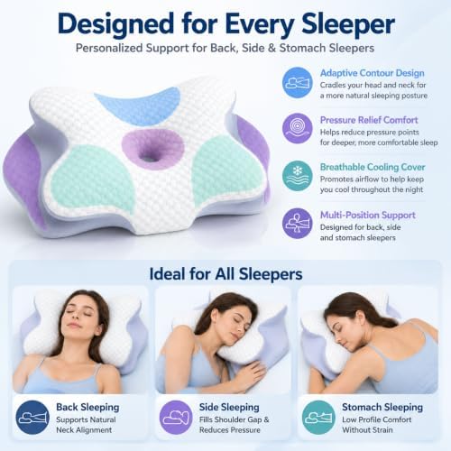 Cervical Neck Pillow, Memory Foam for Side & Back Sleepers