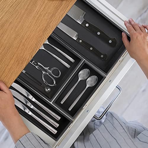 PRATIQUE Bamboo Drawer Organizer - Kitchen Utensil Organizer Silverware Tray Cutlery Holder，Office Desk Supplies and Accessories,12 * 3 * 2.6inch,Black