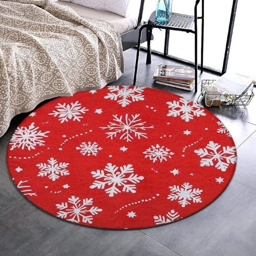 Large Home Decor Mat, Soft Round Yoga Carpet, Non Slip Machine Washable Home Office Circle Rug Snowflakes Christmas Red Print