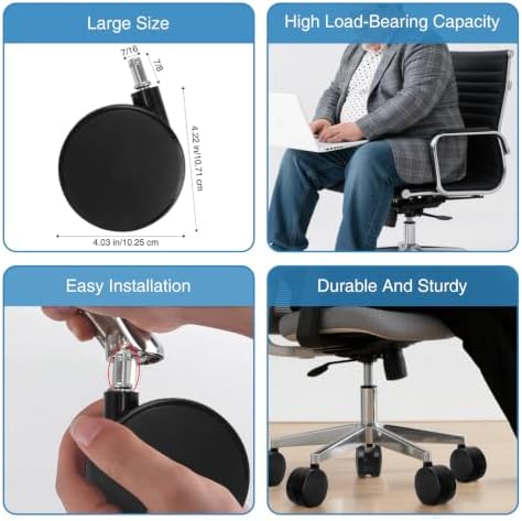 5 Pcs 4'' Extra Large Chair Wheels for Carpet, Large Office Chair Wheels, Heavy Duty Office Twin Chair Casters Replacement 7/16 x 7/8 Grip Ring for Furniture Hardwood Floor Computer Desks