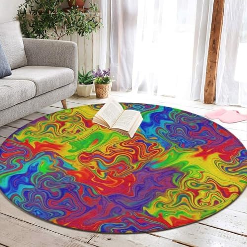 Large Round Area Rug Home Decor Modern Bathroom Rug Kitchen Office Circle Rug for Living Room Sofa Circle Cute Mat Rainbow Neon Watercolors