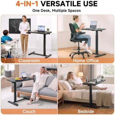 GTPLAYER Small Standing Desk with Hidden Wheels, Pneumatic Mobile Rolling Laptop Desk, Adjustable Height Overbed Bedside Table Computer Workstation for Home Office (32" W x 16" D, Black)