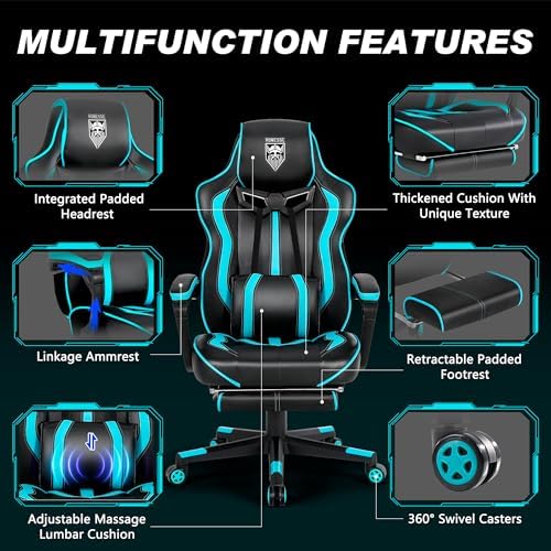 Vonesse Gaming Chairs for Adults, Gaming Chairs with Footrest and Massage, Reclining Computer Chair for Heavy People,Big and Tall Ergonomic Gamer Chair with Lumbar Pillow(Teal/Cyan)