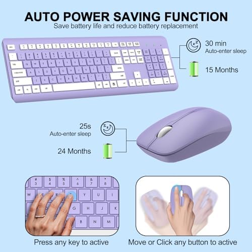 Wireless Keyboard and Mouse Combo, Full Size Silent Ergonomic Keyboard and Mouse, Long Battery Life, Optical Mouse, 2.4G Lag-Free Cordless Mice Keyboard for Computer, Mac, Laptop, PC, Windows(Purple)
