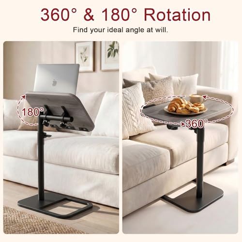 Height Adjustable Tv Trays Table for Sofa, Modern Angle Adjustable 360° Swivel and 180° Tilt Flip-Over Panel C Shaped Side Tables with Tablet Slots for Phone Computer (Grey)