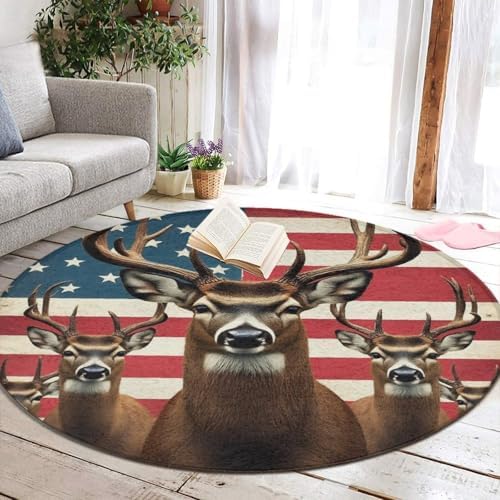 Large Machine Washable Circular Rugs, Home Decor Round Mat for Living Room Sofa Office American Flag Hunting Deers