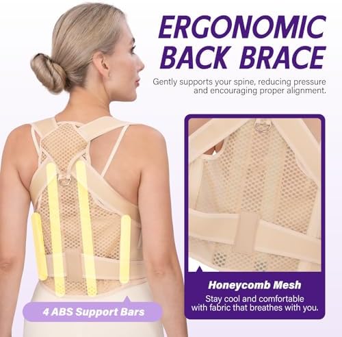 Back Brace Posture Corrector for Women & Men, Adjustable Full Back Support, Shoulder Straightener for Upper & Lower Back Pain Relief-Scoliosis, Hunchback, Waist Trainer (Medium, Beige)