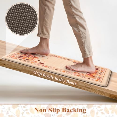 KIMODE Fall Kitchen Mats Cushioned Anti Fatigue 17"x47"+17"x29", Beige Kitchen Mats for Floor, Padded Kitchen Floor Mats Non Slip, Autumn Maple Leaves Standing Mat for Laundry Office Sink Desk