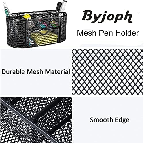 Black Mesh Pen Holder Desk Organizer Cute Office Supplies Pencil and Marker Organizers Oval Desk Caddy with 8 Compartments and 1 Drawer Workspace Accessories for Office School Home