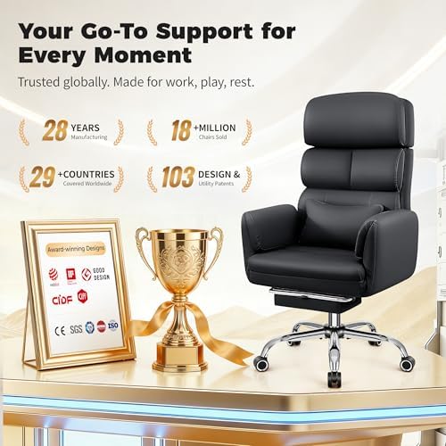 Big and Tall Office Chair 500LBS, Ergonomic High Back Leather Executive Chair, Reclining Swivel with Adjustable Armrests Lumbar Support Footrest, Criss Cross Legged, Black