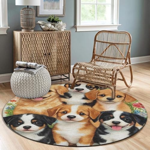 Women's Large Home Decor Mat, Soft Round Yoga Carpet, Non Slip Machine Washable Home Office Circle Rug Puppy