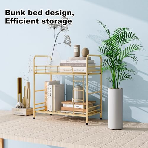 Desktop Shelf Organizer, 2 Tier k Organizer Storage Rack and Frees Up The Space of The Desk, Small Metal Bookshelf with Bunk Bed Design for Dormitory, Home, Office
