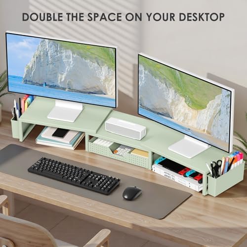 OPNICE Desk Organizers and Accessories, Dual Monitor Stand Riser with Drawer and 2 Pen Holders, Desk Shelf Printer Stand for Office Workspace Organizers, Desktop Organization (Sage Green)