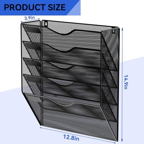 5 Pockets Hanging Wall File Organizer Mail Holder, Wall Mounted Paper Document Folder Holder, Clipboard Storage Organization Magazine Rack, Black
