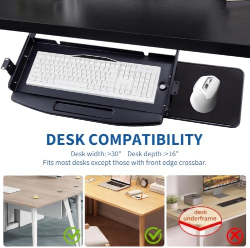 JOLENE.K Heavy-Duty 19" Under Desk Keyboard Tray – Slide-Out Steel Drawer with Smooth Ball Bearing Slides, Ergonomic Space-Saving Design for Desks 22"+ Wide – Black, with Touchpad