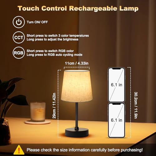 Wowag Small Cordless Table Lamp,5000mAh Rechargeable Battery Operated Desk Lamp,3 Colors & 7 RGB Stepless Dimmable, Portable Touch Wireless Lamp for Bedroom,Dining Table,Restaurant 2 Pack (Flaxen)