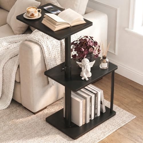 Faesun Swivel Side Table for Couch Arm, Adjustable C End Table for Recliner or Bed, Tv Trays with Storage Shelf for Small Spaces Small Nightstand Table for Living Room, Bedroom