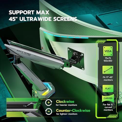 ARES WING RGB Single Monitor Arm Desk Mount for 17-45 inch Monitors, Gray