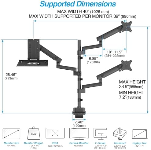 AVLT Laptop & Dual 40 Inch Stacking Monitor Arm Pole Top Mount Black