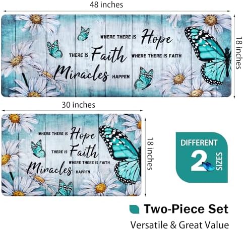 Likiyol Butterfly Floral Kitchen Rugs 2 Piece Farmhouse Kitchen Mats Cushioned Anti Fatigue, Non Slip Washable Kitchen Mats for Floor White Daisy Kitchen Floor Comfort Mats, 18'' x 30'' + 18'' x 48''