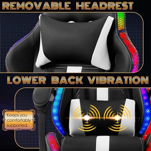 ECOTOUGE Gaming Chair with Footrest, Lumbar Massage & RGB LED Lights, White