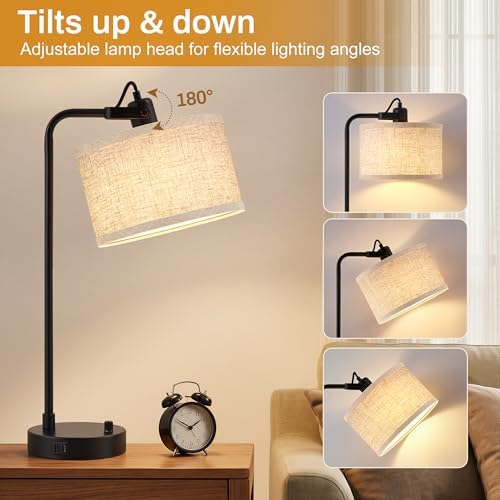 Black Table Lamp Set of 2, USB A+C, 180° Adjustable Bedside Lamps, Dimmable