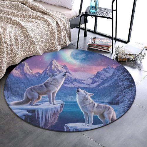Highly Premium Quality Floor Mat, Office Chair Decor Mat, Room Sofa Yoga Soft Round Carpet Snow Full Moon Wolves Pink Art, 36inch