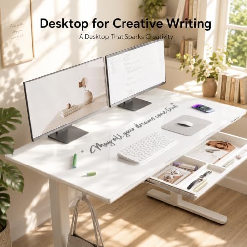 Claiks 55" White Electric Glass Standing Desk Wireless Charging & Drawers
