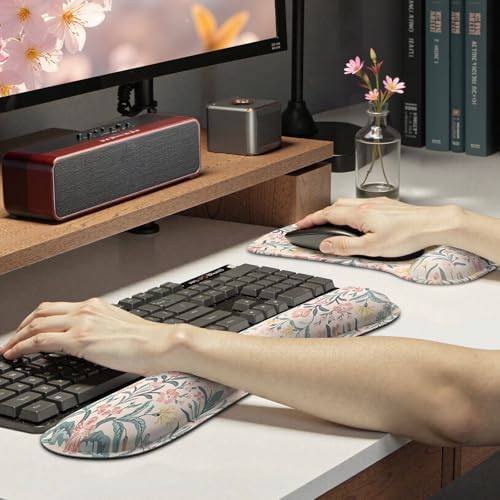 iCasso Ergonomic Mouse Pad, Keyboard Wrist Rest, Memory Foam Mousepad with Wrist Support, Easy Typing and Relieve Wrist Pain Keyboard Pad for Computer(Pink Floral)