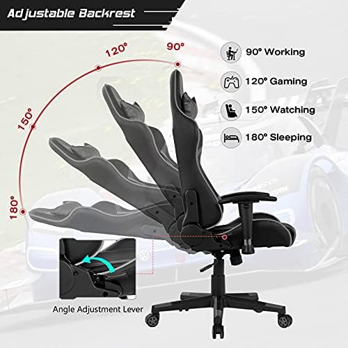 GYMAX Gaming Chair, Massage Gaming Chairs for Adults with Headrest, Lumbar Support & Armrest, Video Computer Reclining Gaming Chair, Office Desk Gamer Task Chair (Grey)