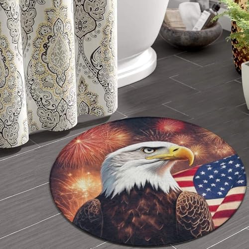 Room Sofa Yoga Soft Round Carpet, Home Decor Non Slip Kitchen Office Circle Rug, Machine Washable Modern Round Area Rug Bald Eagle American Flag Fireworks Art, 36inch