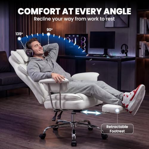 N-GEN GAMING Big and Tall Gaming Chair with Footrest, Reclining Chair,White