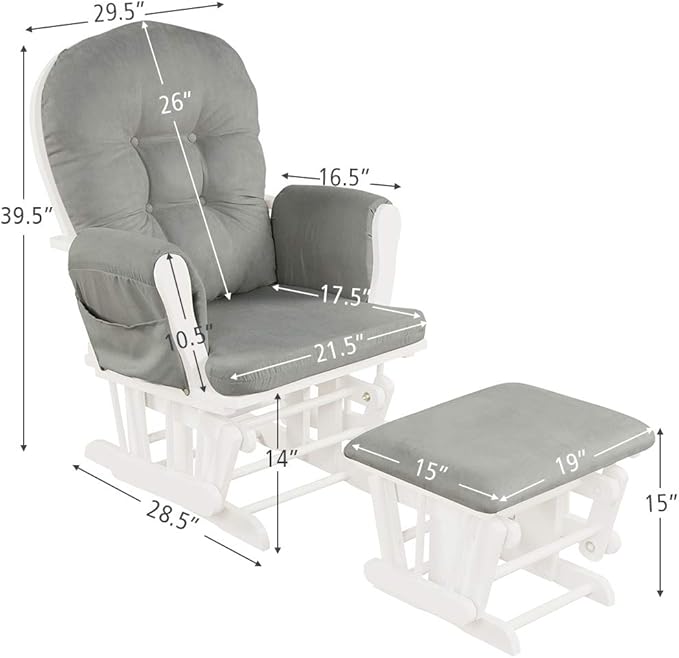 Costzon Nursery Glider with Ottoman, Upholstered Comfort Glider Rocker with Padded Cushion, Storage Pocket, Solid Wood Base, Rocking Chair Nursery for Breastfeeding, Napping (Light Gray)
