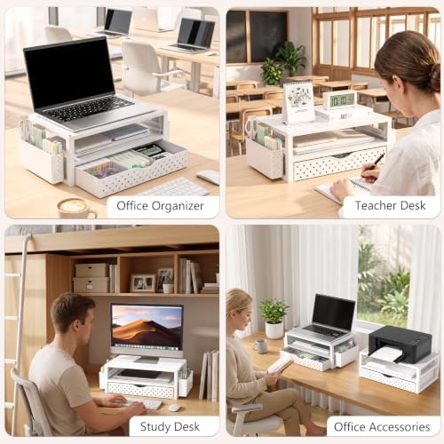 WALI Desk Organizer with Drawer and Pen Holder, 3 Tier Computer Monitor Stand for Home Office Supplies, Laptop Stand Riser for Computer, Laptop, Printer(PTT004-W), 1 Pack, White